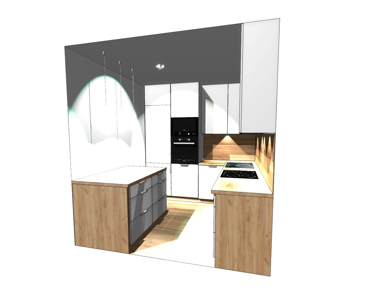 Wizualizacja nowoczesnej kuchni z wyspą, białe fronty szafek górnych i dolnych, drewnopodobny blat i wykończenie wyspy, szare szuflady w wyspie, oświetlenie punktowe nad blatem.