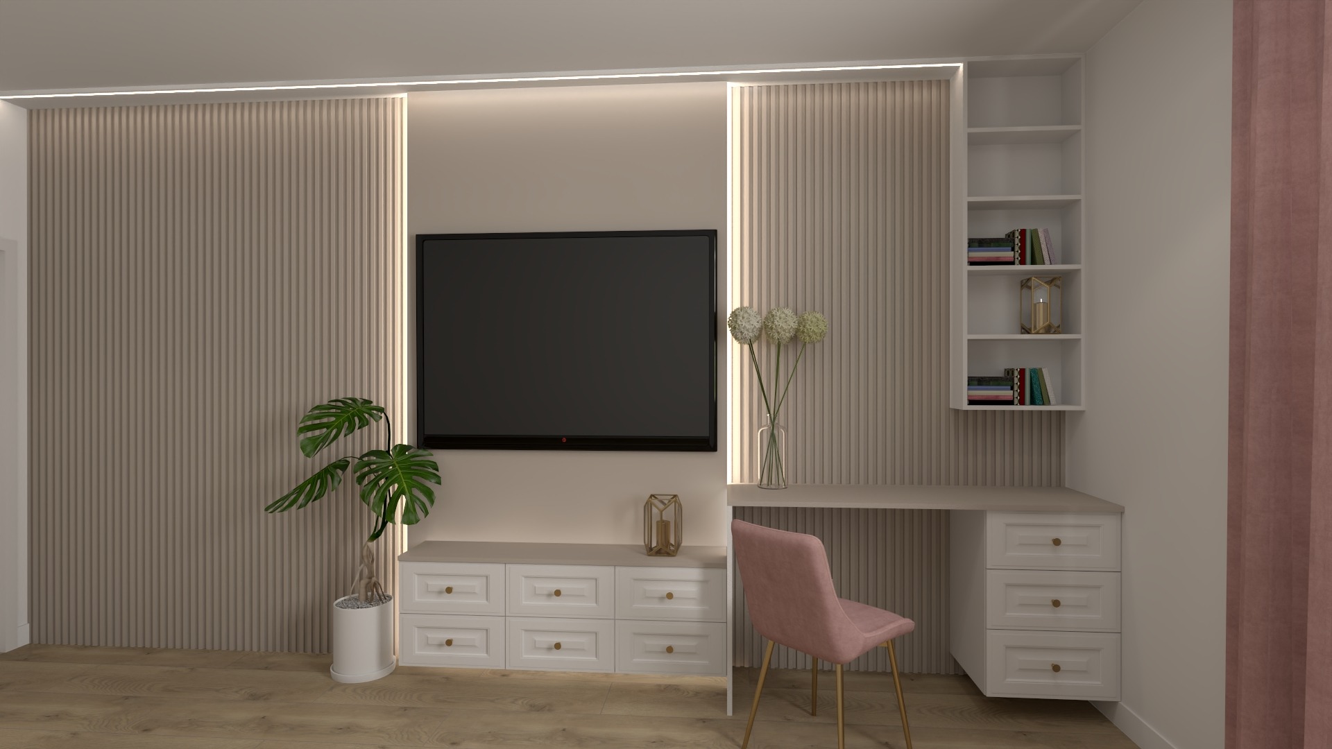 Nowoczesny salon z beżowymi lamelami na ścianie, podświetlanym telewizorem, białą komodą z szufladami, biurkiem z szafką i półkami, oraz różowym krzesłem na złotych nogach.