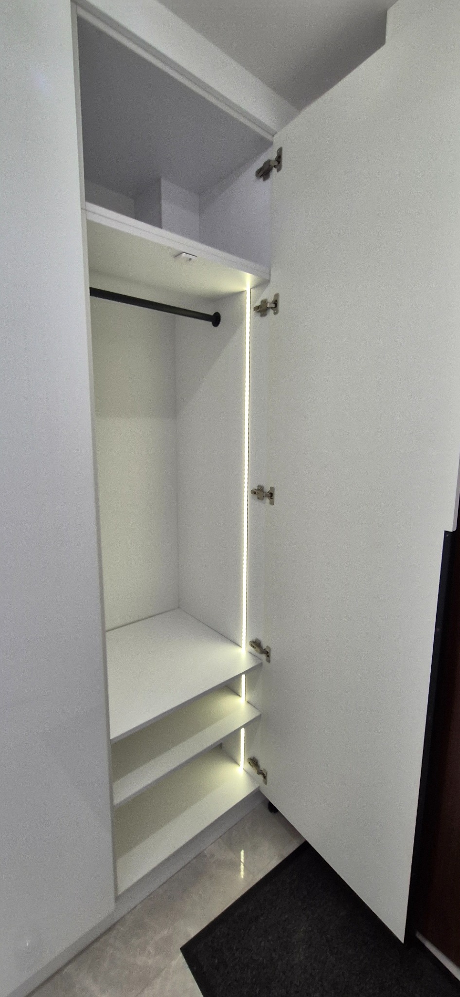 Wnętrze białej szafy z otwartymi drzwiami, oświetleniem LED pionowo wzdłuż krawędzi, półkami i drążkiem na ubrania, widoczne zawiasy.
