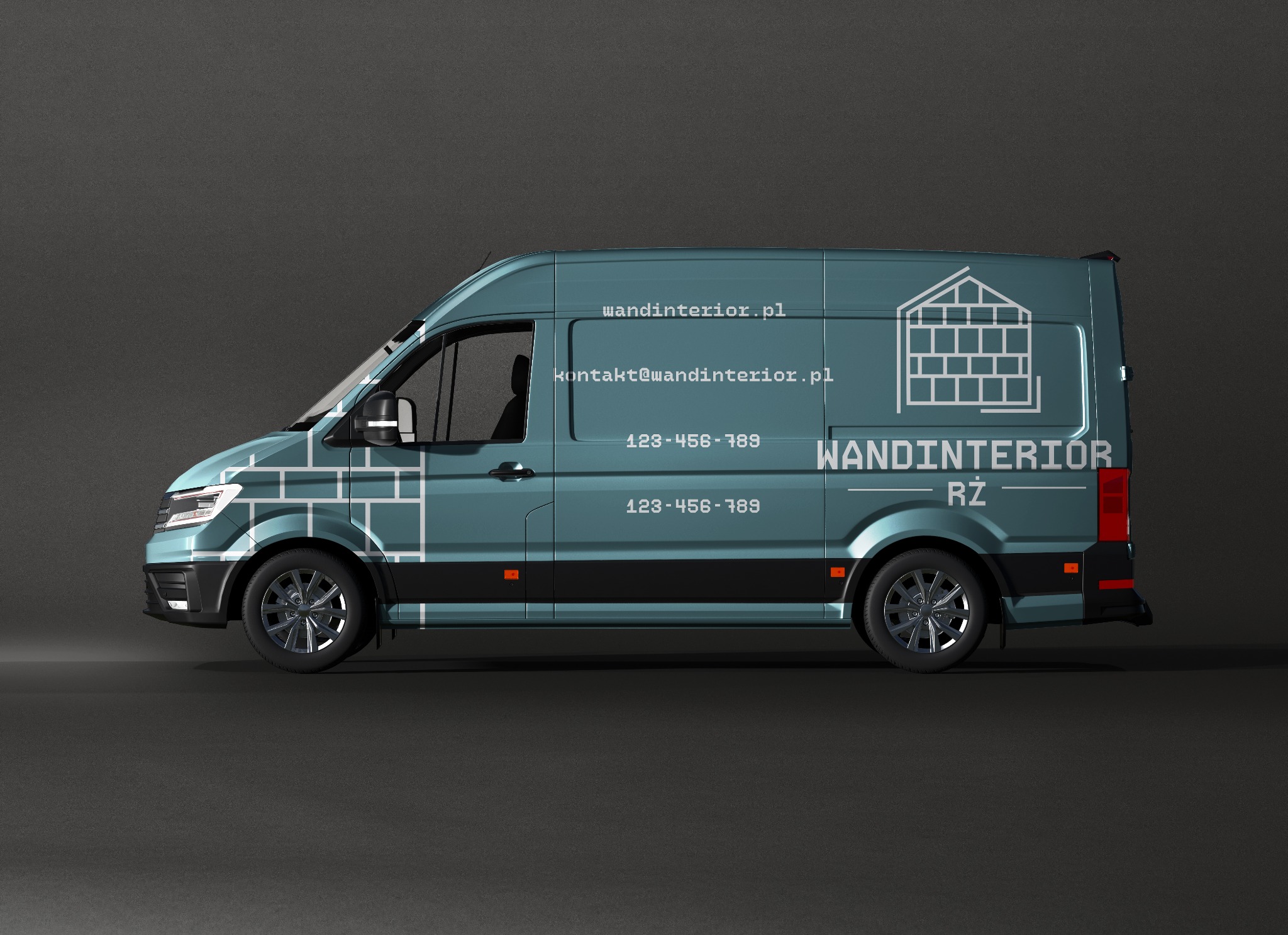 Niebieski van z grafiką imitującą mur z cegieł i logo Wandinterrior.pl, prezentujący branding firmy.