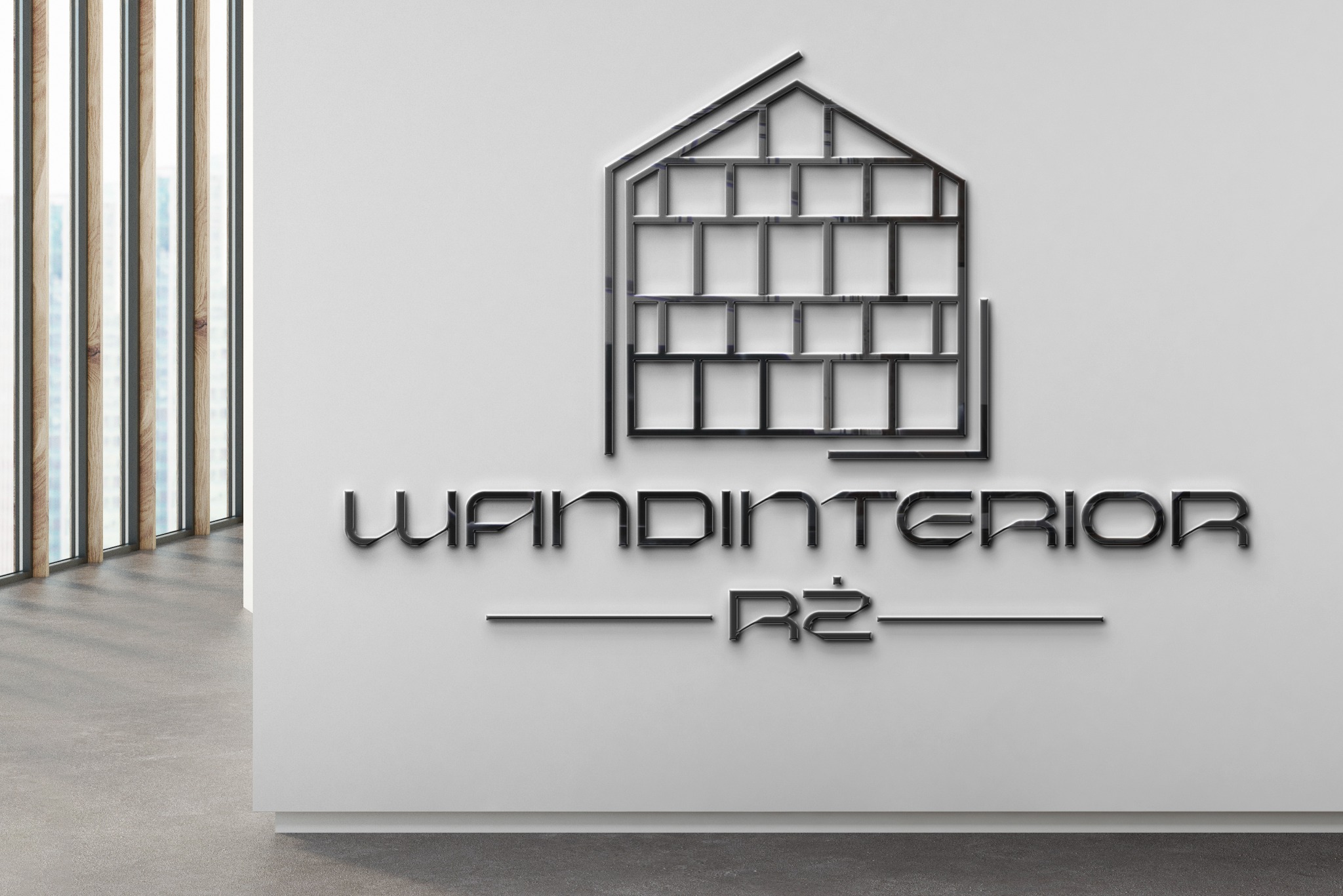 Logo firmy WANDINTERIOR R2 na białej ścianie w minimalistycznym wnętrzu z drewnianymi panelami okiennymi.
