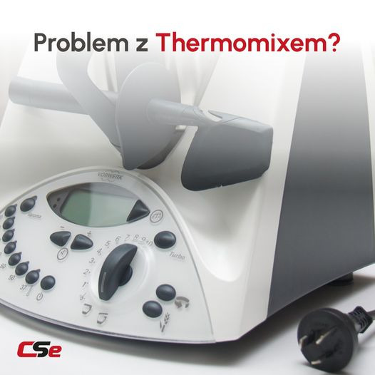 Uszkodzony Thermomix marki Vorwerk z wysuniętą wtyczką, widoczne przyciski i pokrętło sterujące, na górze napis 'Problem z Thermomixem?', w rogu logo firmy serwisowej.