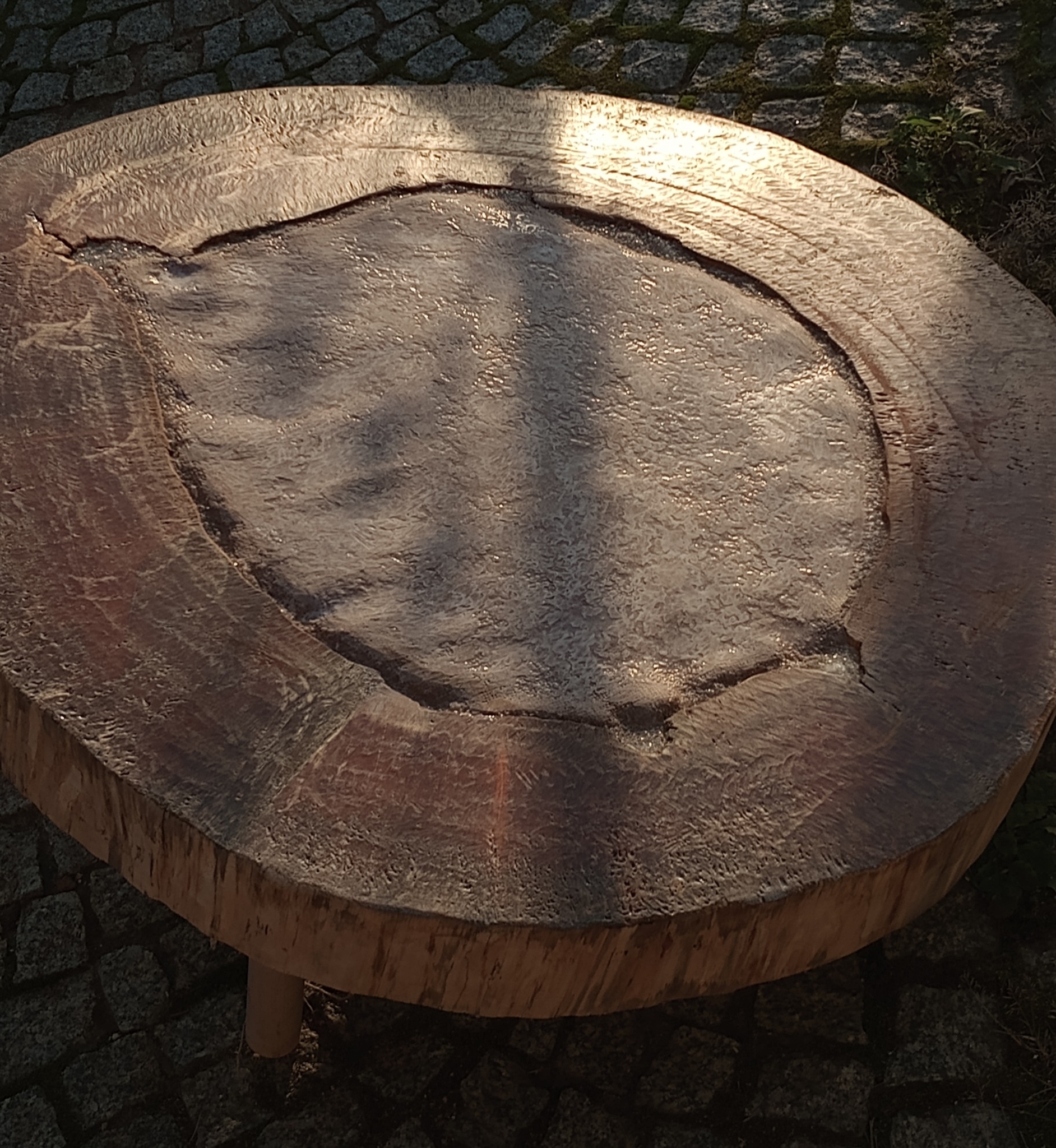 Stolik kawowy wykonany z plastra drewna z widocznymi słojami, osadzony na krótkich nóżkach, umieszczony na kamiennej nawierzchni w ogrodzie, oświetlony promieniami słońca.