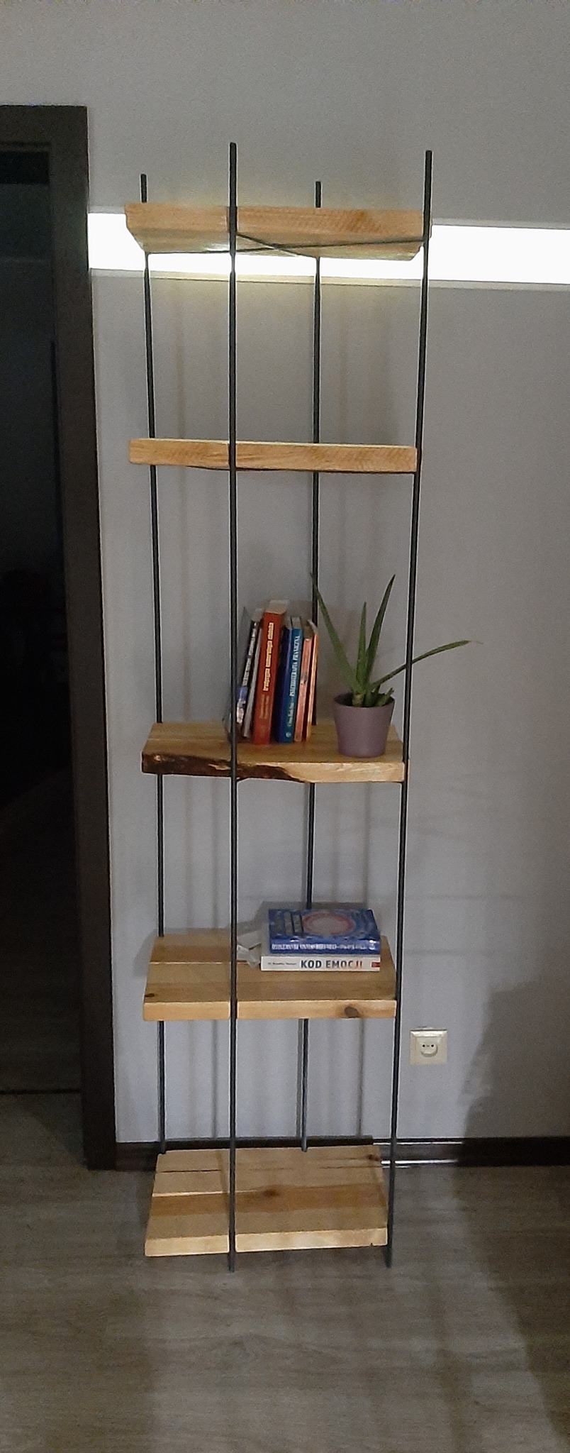 Ręcznie robiony regał z drewnianymi półkami i metalową konstrukcją, na półkach książki i doniczka z rośliną.