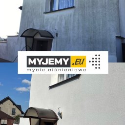 myjemy.eu - Porównanie stanu elewacji budynku przed i po czyszczeniu, widoczne różnice w kolorze i usunięciu zabrudzeń, z nałożonym logo firmy.