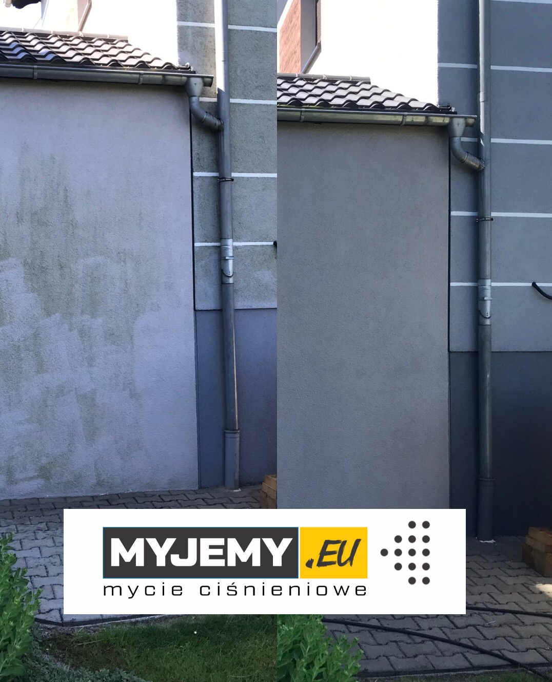 Porównanie stanu elewacji przed i po czyszczeniu: lewa strona z widocznymi zabrudzeniami, prawa strona czysta, z rynną wzdłuż ściany i kostką brukową u podstawy.