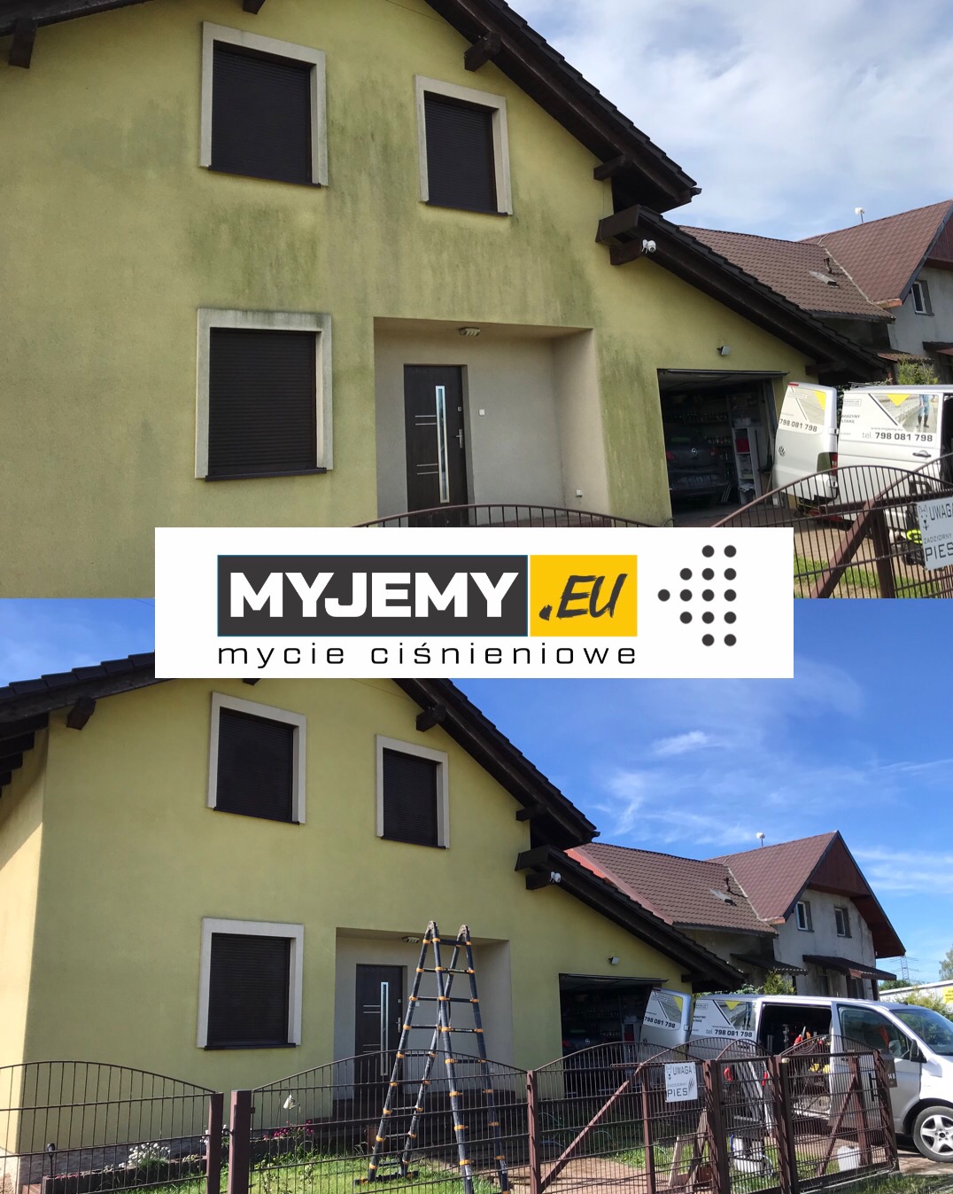 Dom jednorodzinny przed i po czyszczeniu elewacji, widoczne różnice w kolorze i czystości, drabina oparta o ścianę, w tle brama garażowa i samochód dostawczy z logo firmy.