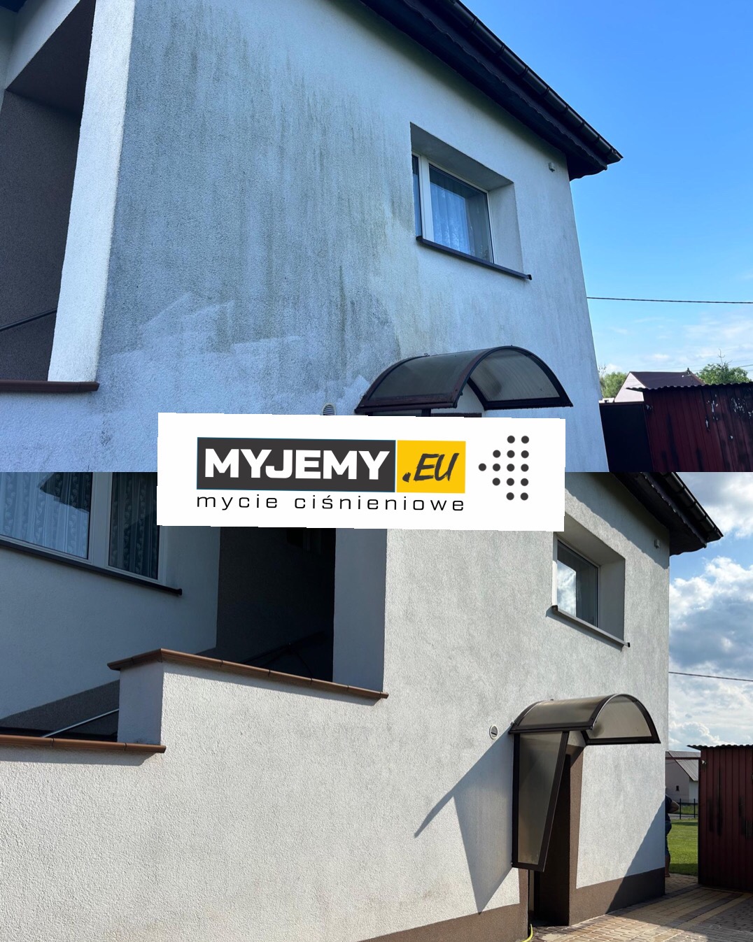 Porównanie elewacji domu przed i po myciu ciśnieniowym, widoczne wyraźne różnice w czystości i kolorze, z logo firmy 'myjemy.eu' nałożonym na środku.