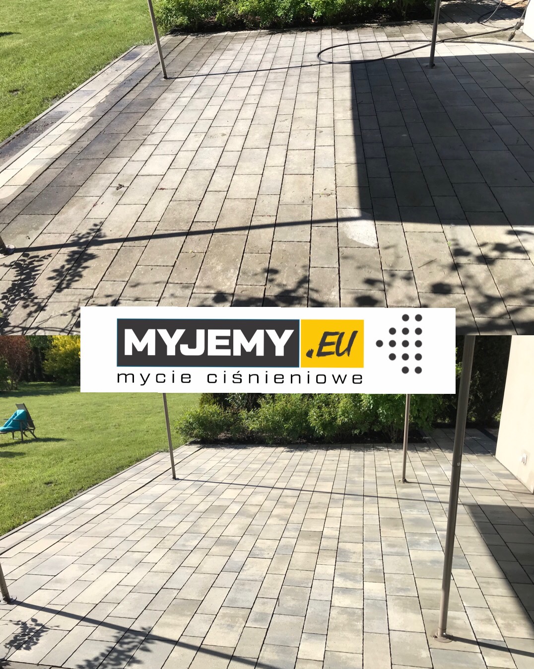 Częściowo wyczyszczona kostka brukowa na tarasie, widoczna różnica w kolorze, z logo firmy 'MYJEMY.EU' nałożonym na zdjęcie.