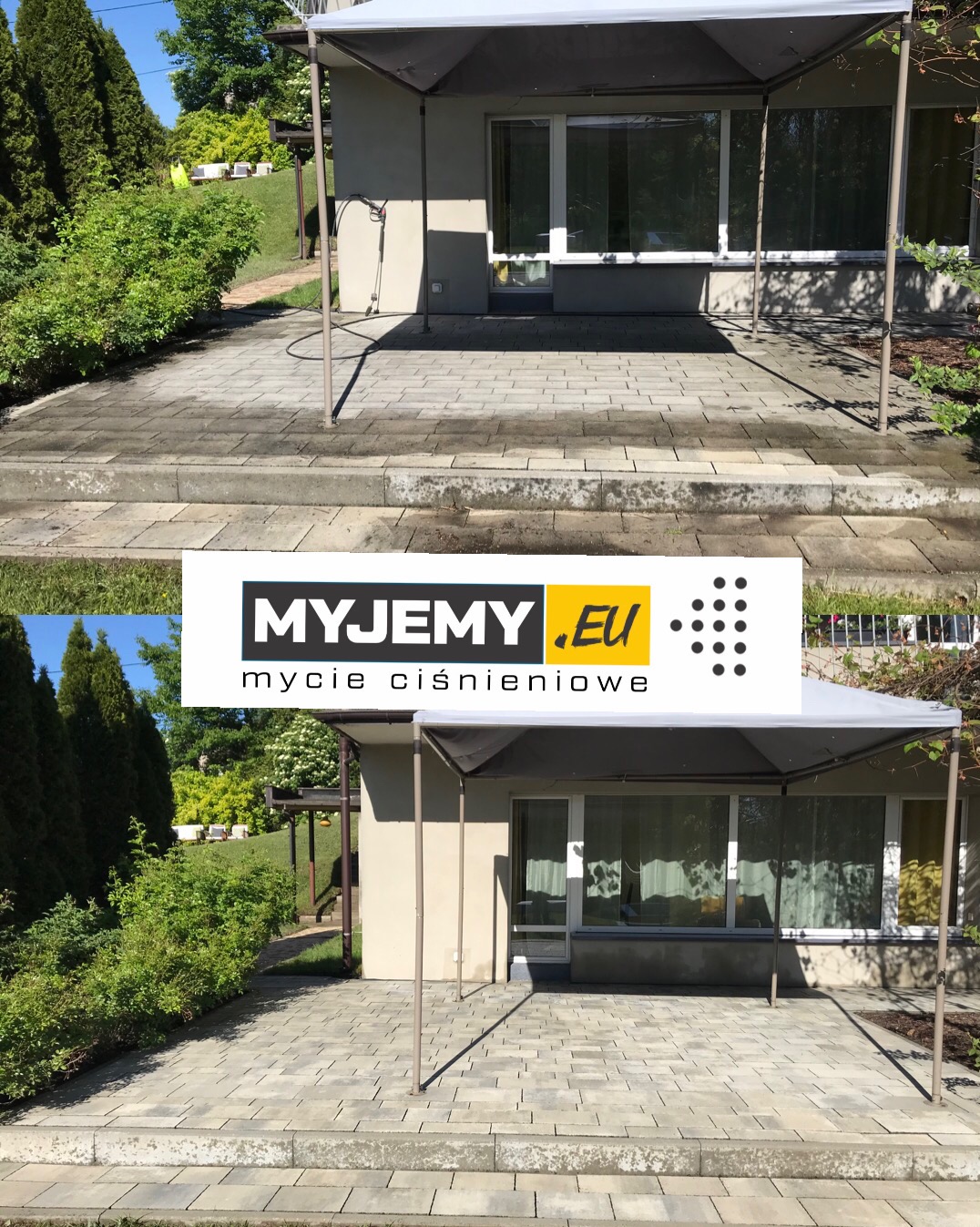 Porównanie kostki brukowej przed i po czyszczeniu ciśnieniowym, widoczna różnica w kolorze i usunięte zabrudzenia, zadaszenie tarasowe w tle.