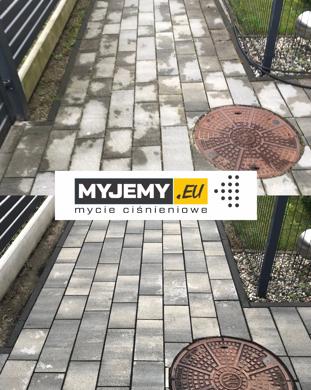 Porównanie kostki brukowej przed i po czyszczeniu ciśnieniowym, widoczna różnica w kolorze i usunięte zabrudzenia, studzienka kanalizacyjna w tle.