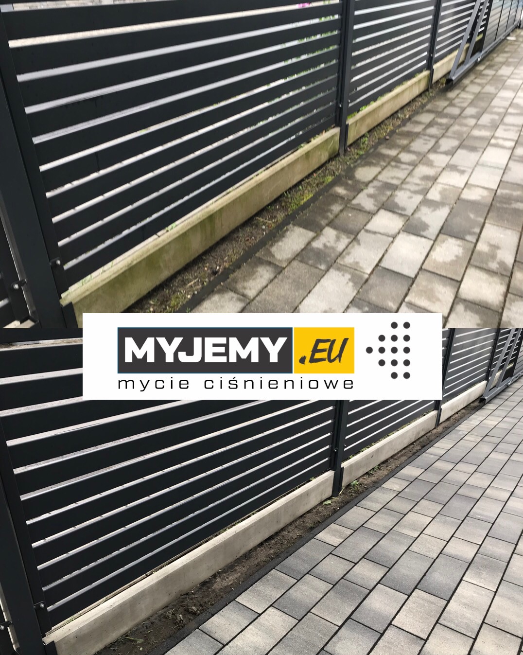 Częściowo umyta, pozioma, metalowa brama z logo firmy 'Myjemy.eu' widoczna nałożona na zdjęcie, obok czysta kostka brukowa