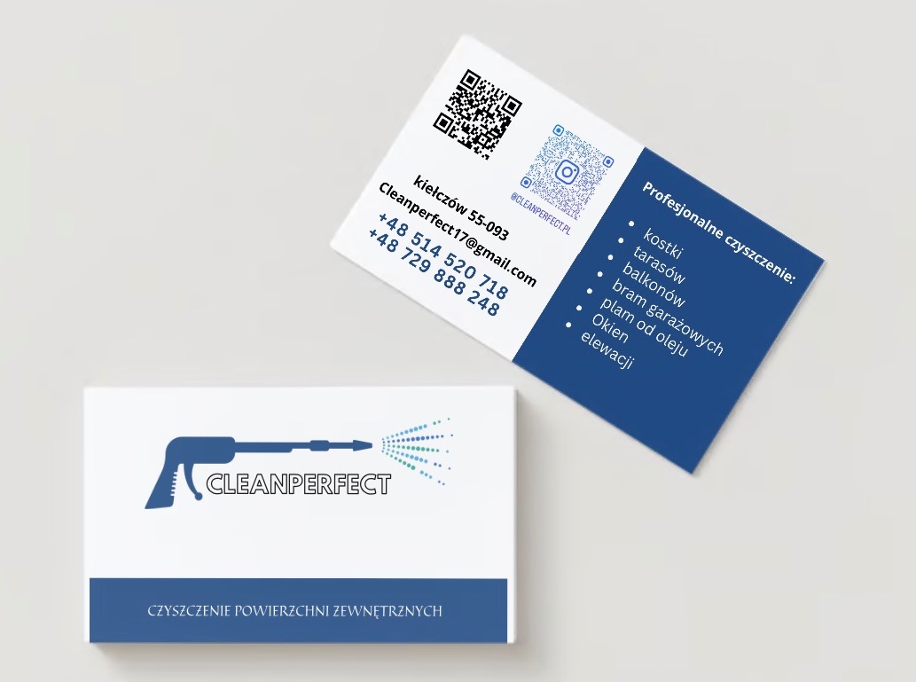 Wizytówka firmy Cleanperfect prezentująca zakres usług czyszczenia powierzchni zewnętrznych, w tym kostki, tarasów, balkonów, bram garażowych, okien i elewacji, z podanym adresem e-mail, numerami...