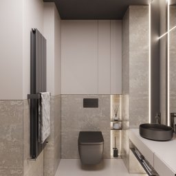 POWIEW STUDIO EWELINA NOWICKA - Minimalistyczna łazienka w Białymstoku z podwieszaną toaletą w kolorze grafitu, umywalką nablatową o owalnym kształcie, grzejnikiem drabinkowym i podświetlanymi wnękami w ścianie wykończonej...