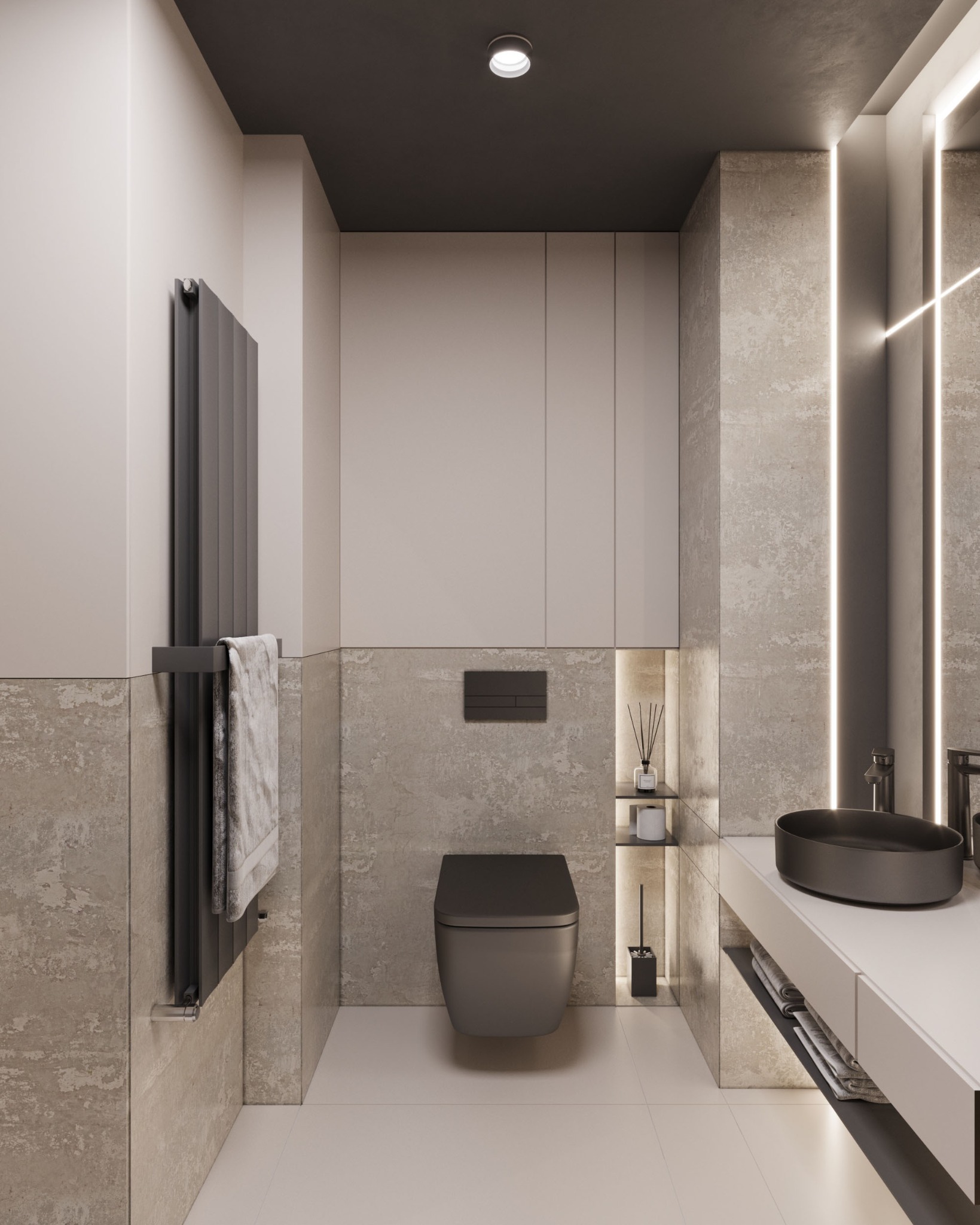 Minimalistyczna łazienka w Białymstoku z podwieszaną toaletą w kolorze grafitu, umywalką nablatową o owalnym kształcie, grzejnikiem drabinkowym i podświetlanymi wnękami w ścianie wykończonej...