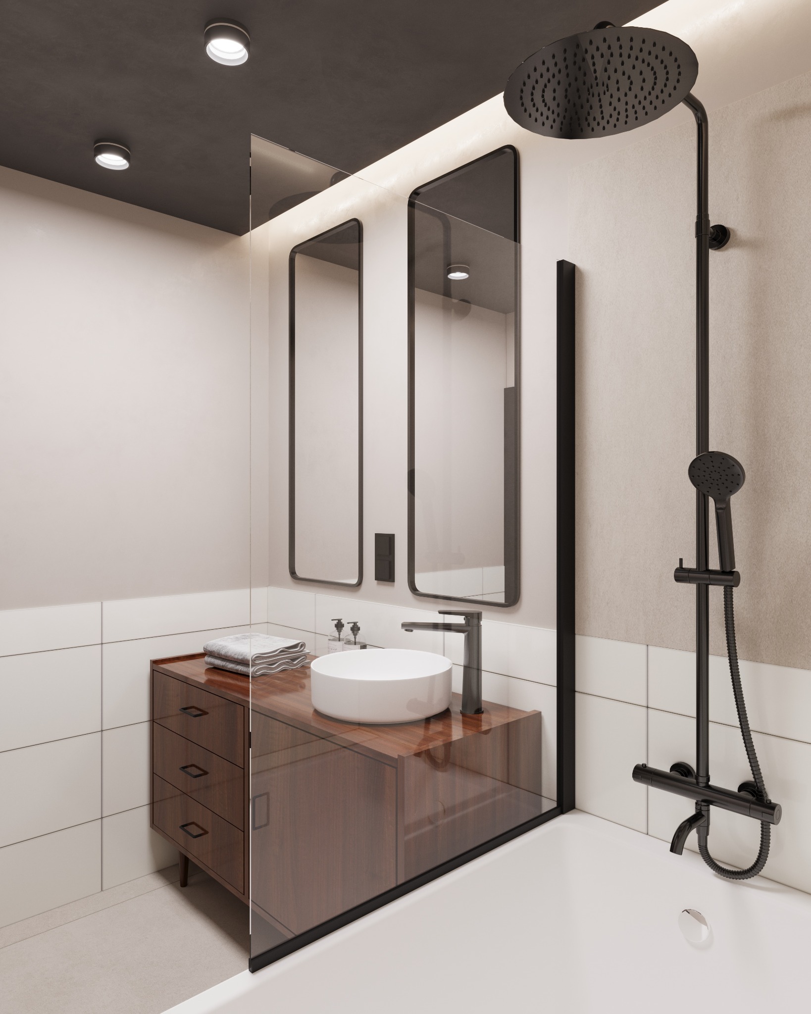 Nowoczesna łazienka z drewnianą szafką pod umywalkę, czarną armaturą i minimalistycznymi lustrami, oświetlona punktowymi lampami sufitowymi.