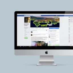 Ekran komputera iMac wyświetlający profil Hotelu SPA & Restauracji Fryderyk na Facebooku, z widocznym logo hotelu i informacjami o wydarzeniu 'campbeOFF'.