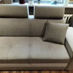 Szara, rozłożona kanapa z poduszką na boku, widoczna na tle okna z roślinami doniczkowymi, ukazana w dziennym świetle.