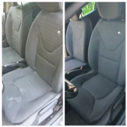 Porównanie foteli samochodowych przed i po czyszczeniu: po lewej stronie widoczne zabrudzenia, po prawej - czysta tapicerka z geometrycznym wzorem.