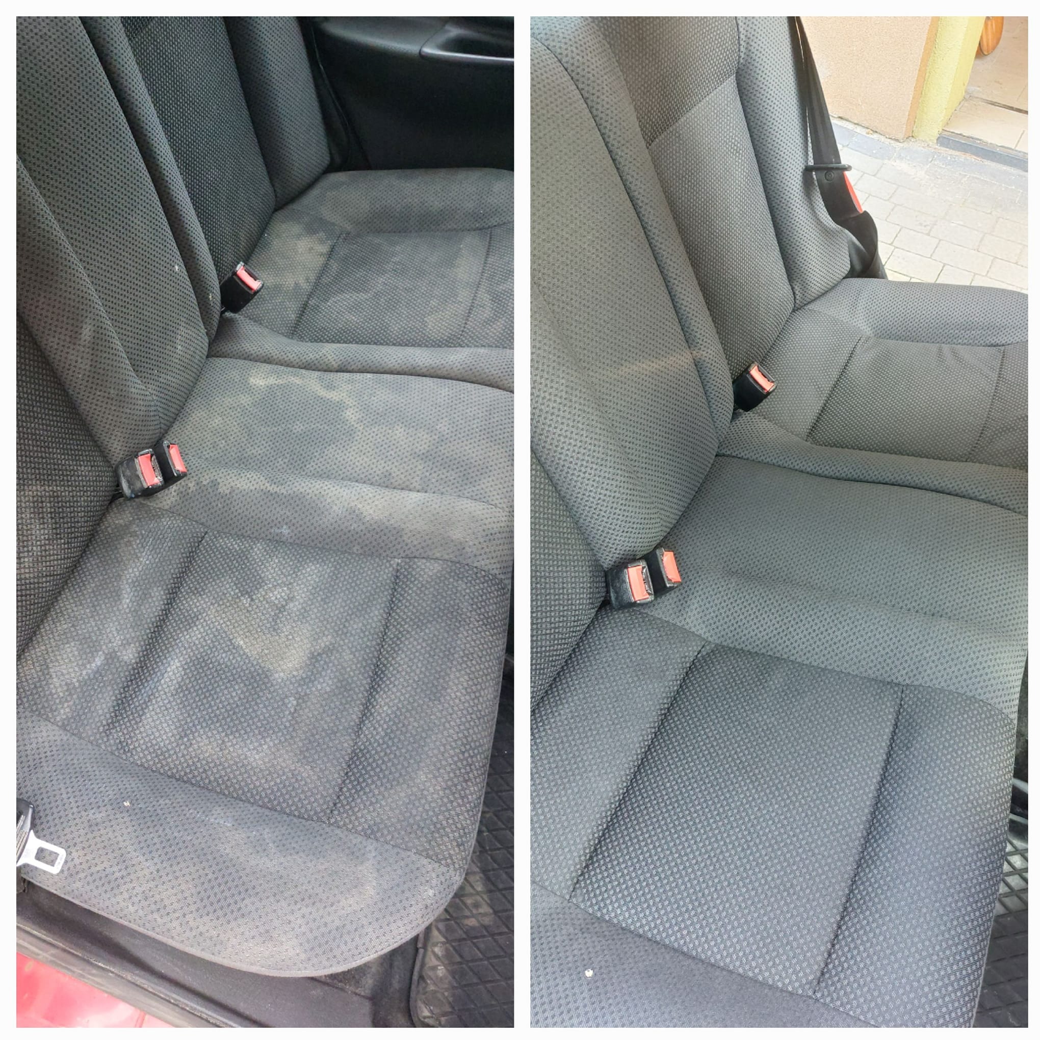 Porównanie tylnej kanapy samochodowej przed i po czyszczeniu, widoczne różnice w odcieniu i plamach na tapicerce.