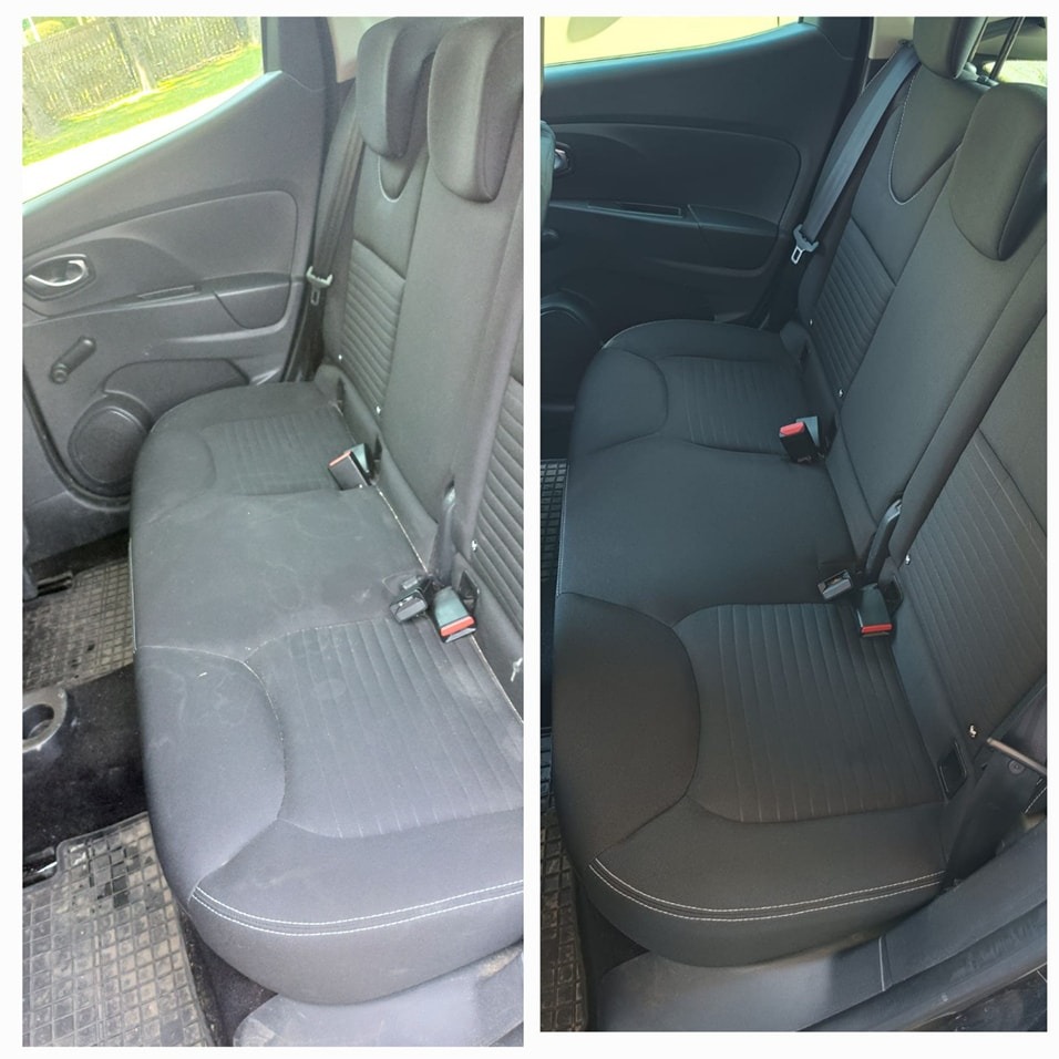 Porównanie tylnej kanapy samochodowej przed i po czyszczeniu: po lewej stronie widoczne zabrudzenia, po prawej czysta, czarna tapicerka z jasnymi przeszyciami.