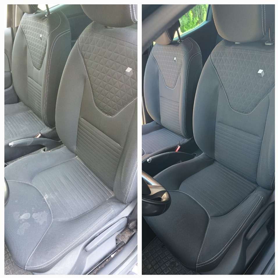 Porównanie foteli samochodowych przed i po czyszczeniu: po lewej stronie widoczne zabrudzenia, po prawej - czysta tapicerka z geometrycznym wzorem.