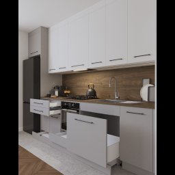 eMPe Pracownia sztuki - kreowanie przestrzeni wnętrz Paulina A. Matyja - Wizualizacja aneksu kuchennego z otwartymi szufladami, białe szafki górne i szare dolne z czarnymi uchwytami, drewniany panel nad blatem, czajnik na płycie grzewczej, na blacie ekspres do kawy...