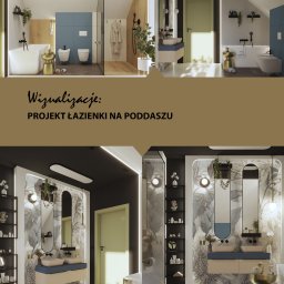 eMPe Pracownia sztuki - kreowanie przestrzeni wnętrz Paulina A. Matyja - Wizualizacja nowoczesnej łazienki na poddaszu z wanną wolnostojącą, kabiną prysznicową typu walk-in, umywalką nablatową i złotym stołkiem.