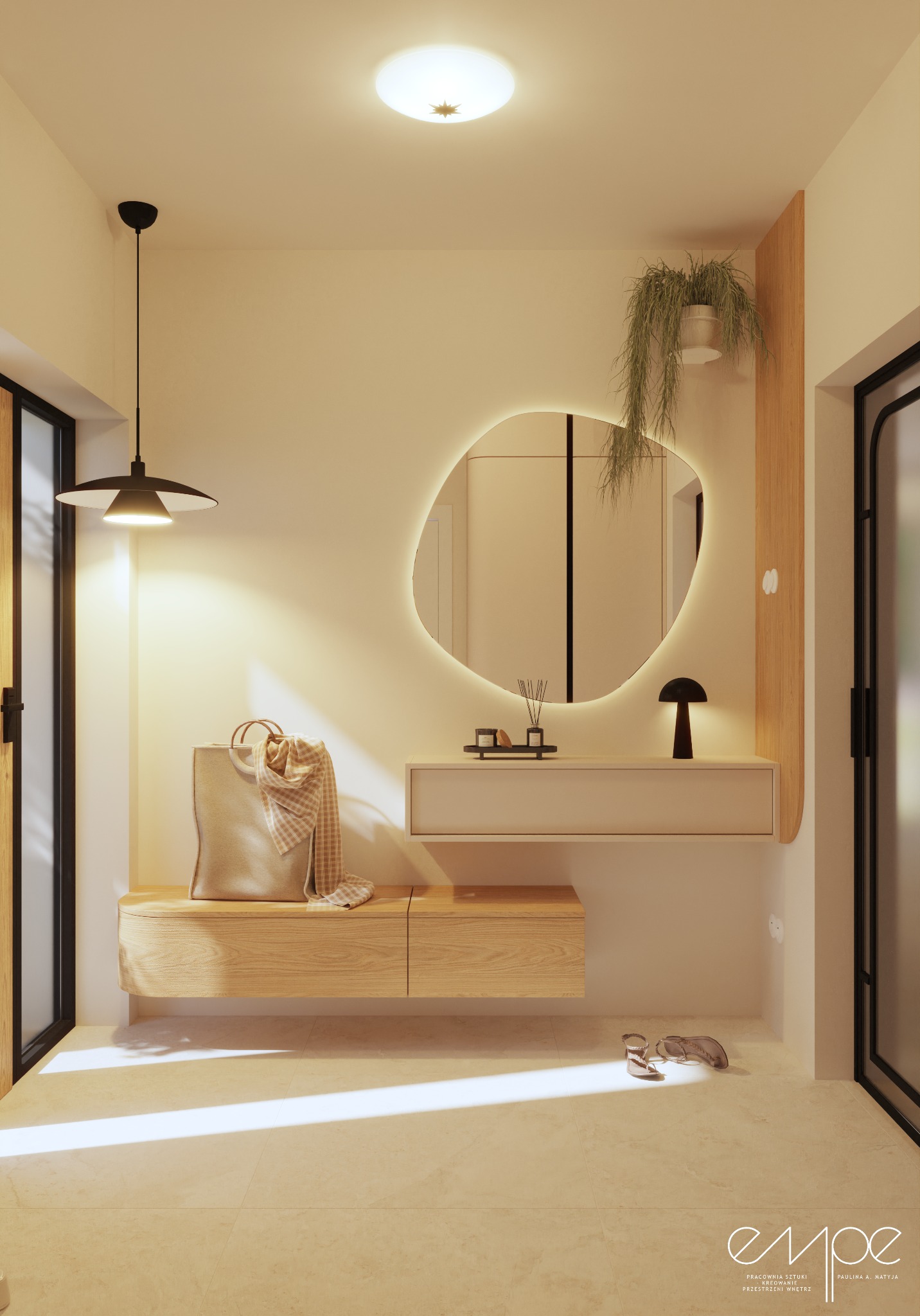 Jasny wiatrołap z drewnianymi elementami: podwieszana szafka, siedzisko z torbą i pledem, okrągłe lustro z podświetleniem LED, designerska lampa stołowa i wisząca, buty leżące na podłodze.