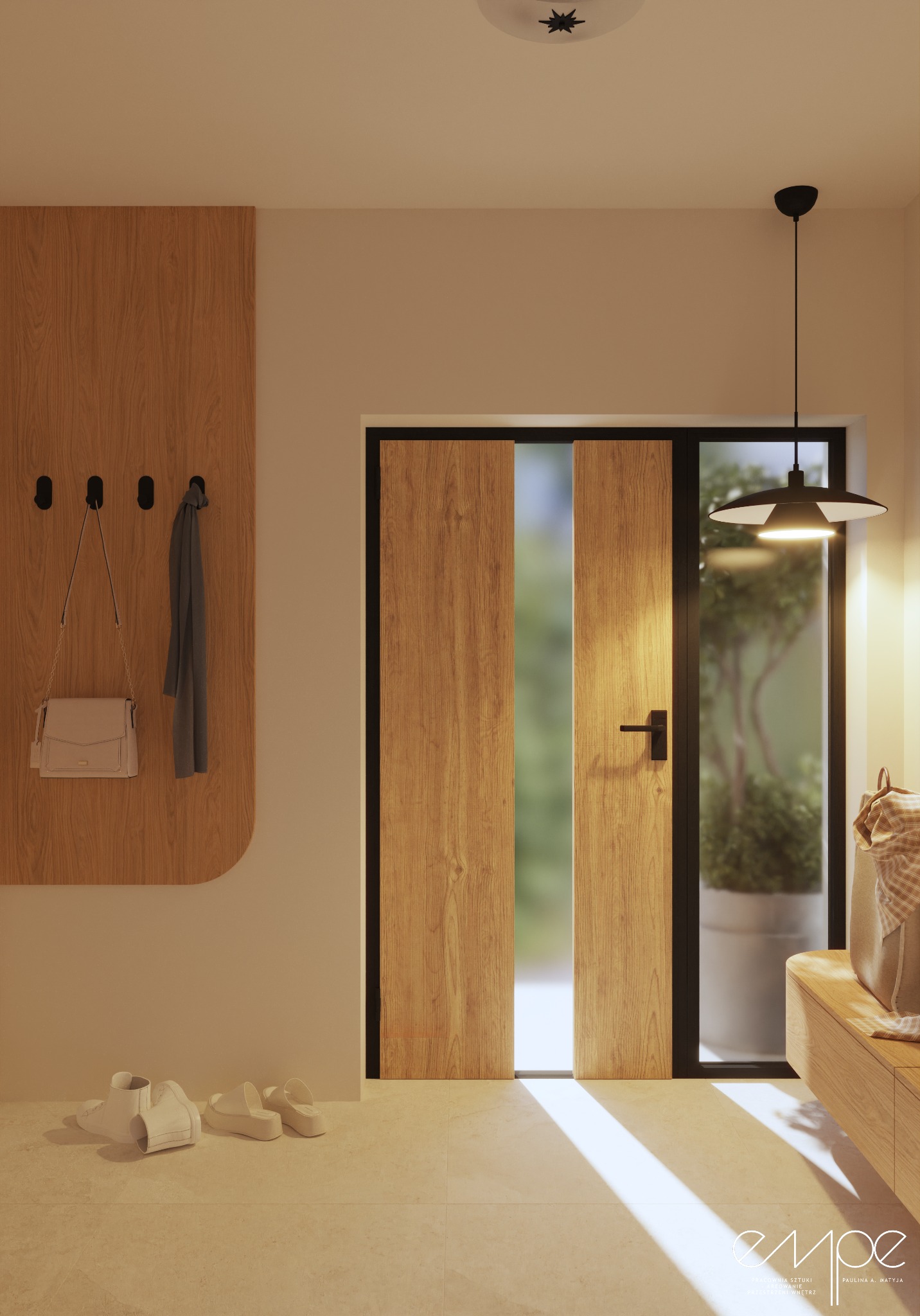 Nowoczesny wiatrołap z drewnianym panelem ściennym, czarnymi haczykami, torebką i szalikiem. Na podłodze leżą białe buty i klapki. Drewniane drzwi z przeszkleniem w czarnej ramie wpuszczają światło...