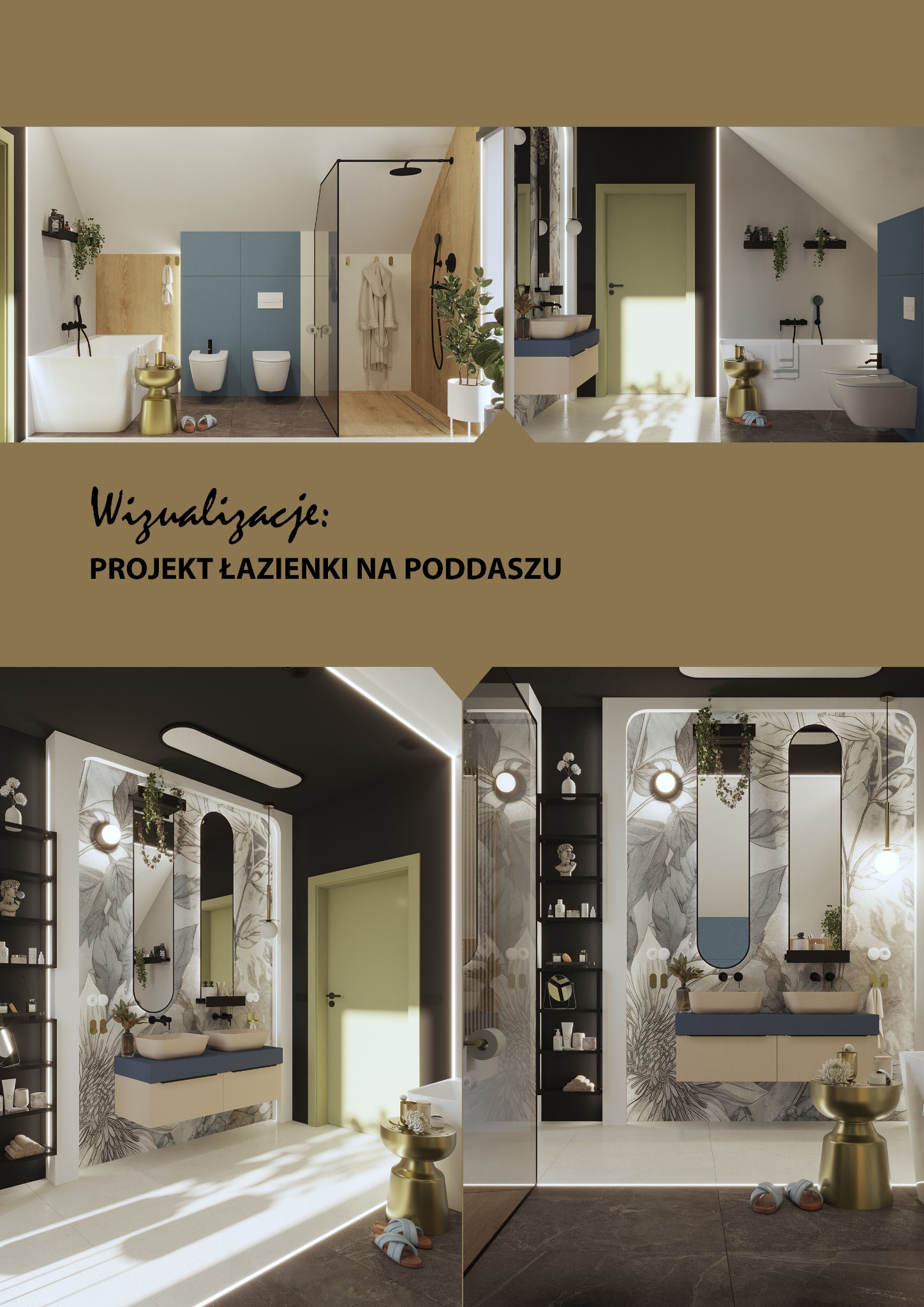 Wizualizacja nowoczesnej łazienki na poddaszu z wanną wolnostojącą, kabiną prysznicową typu walk-in, umywalką nablatową i złotym stołkiem.