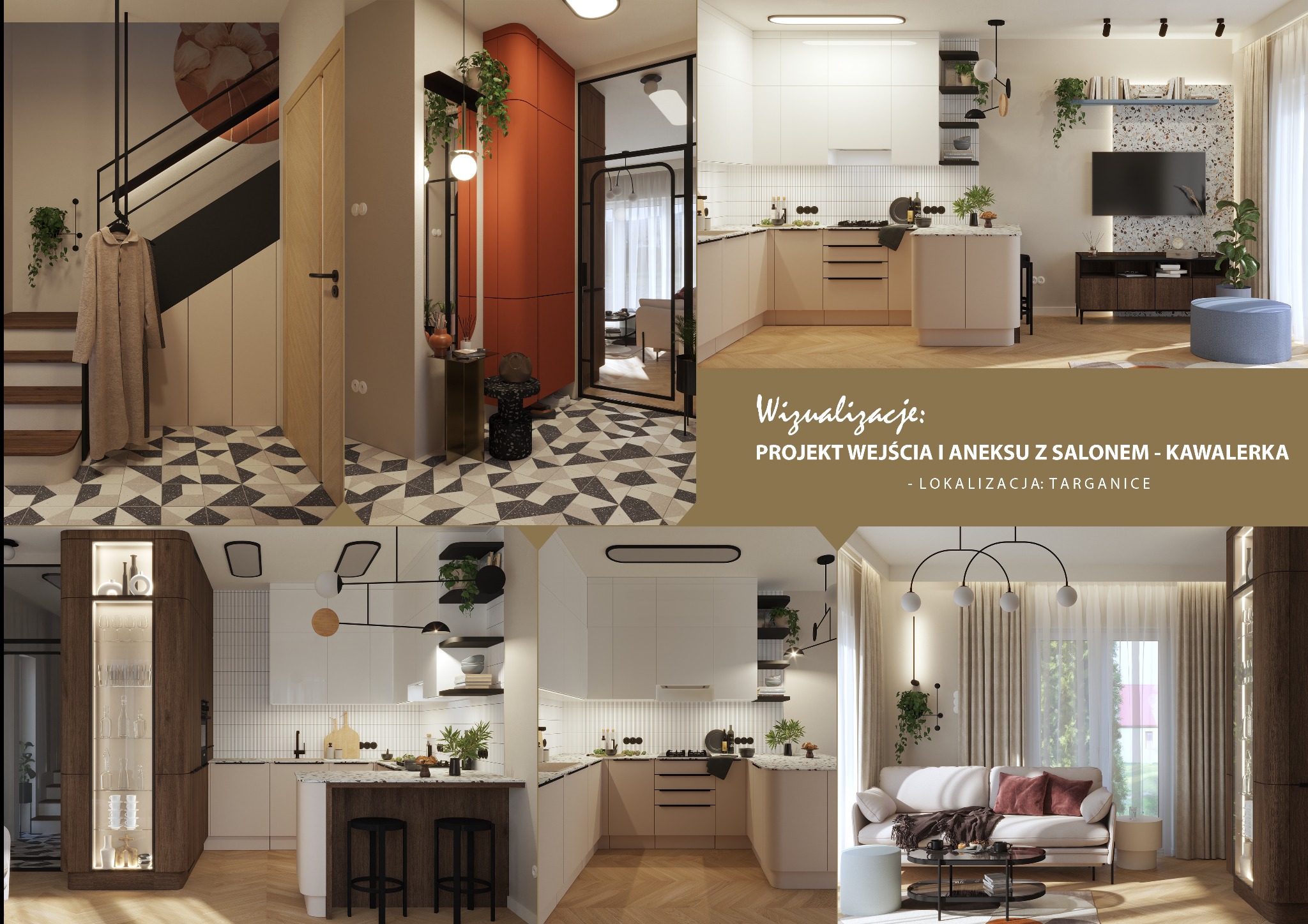 Wizualizacja kawalerki: aranżacja wejścia z garderobą, kuchni z barkiem i salonu z sofą na tle okna.