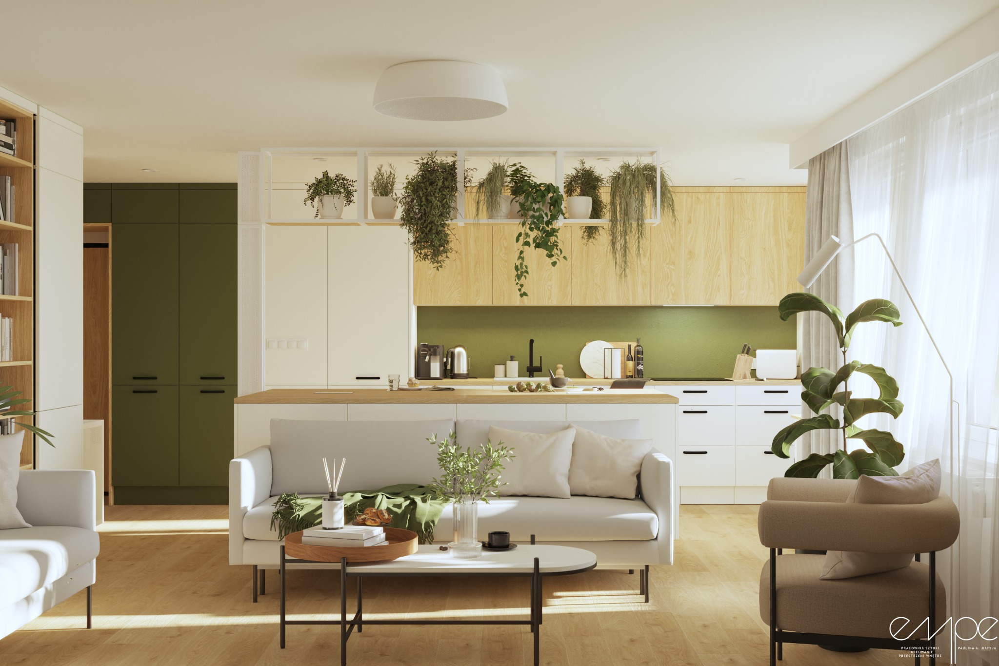 Jasny salon z aneksem kuchennym w stylu skandynawskim, z zielonymi akcentami, roślinami wiszącymi nad blatem i minimalistycznym oświetleniem.