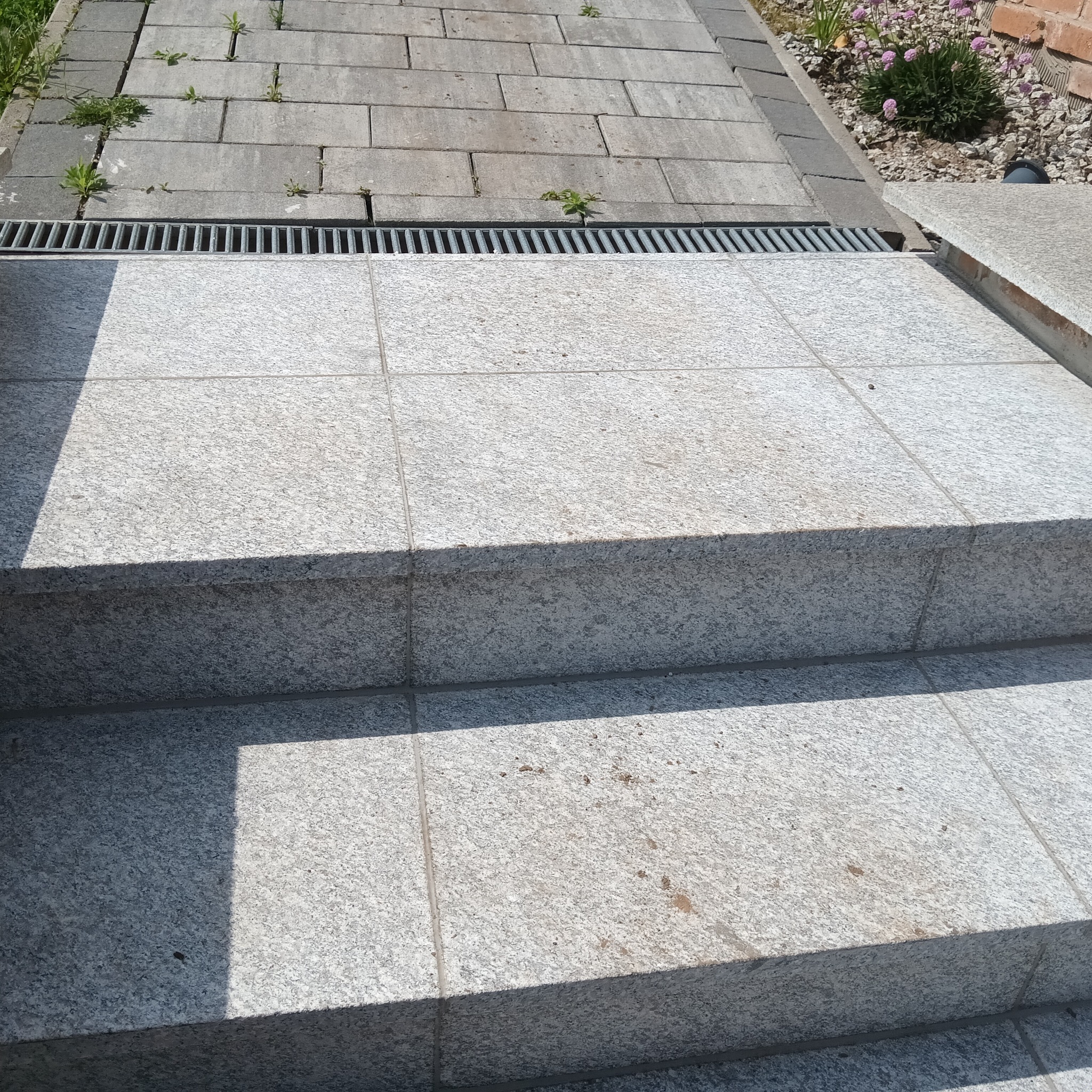 Granitowe schody zewnętrzne z odpływem liniowym, widoczne chwasty rosnące między kostką brukową i kwiaty na rabacie.