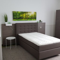 Col-Han - Pokój z brązowym łóżkiem kontynentalnym, tapicerowanym zagłówkiem, stolikiem nocnym i obrazem leśnym na ścianie.