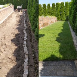 Lawendowy Ogród - Porównanie stanu przed i po: układanie kamiennej obwódki rabaty na tle rzędu tuj, z widocznym fragmentem trawnika z systemem odprowadzania wody.