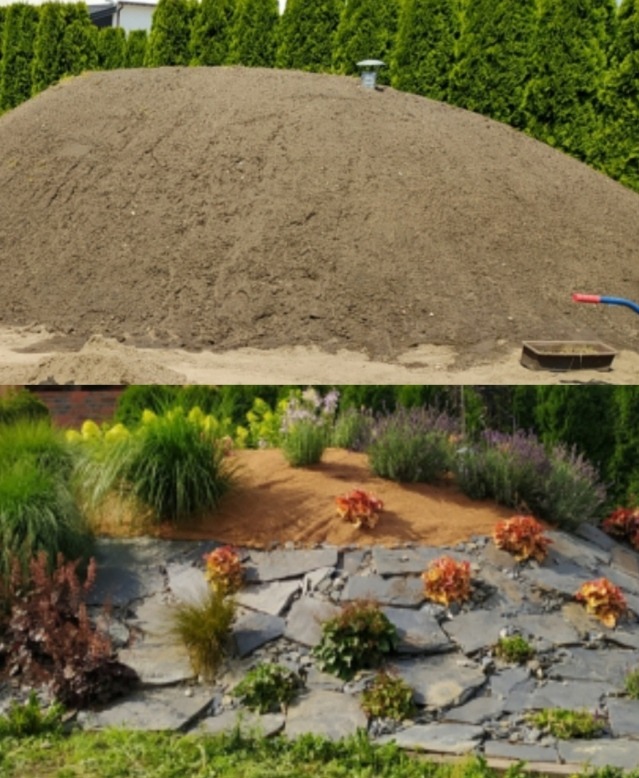 Dwa ujęcia: górne przedstawia dużą pryzmę ziemi na tle zielonych drzew, dolne ukazuje fragment ogrodu z kamienną rabatą i różnorodną roślinnością.