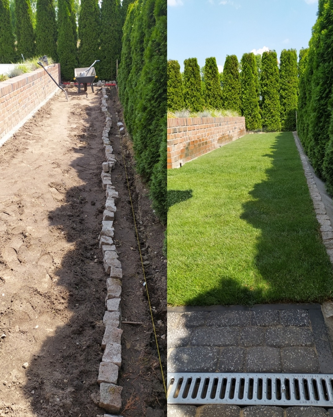 Porównanie stanu przed i po: układanie kamiennej obwódki rabaty na tle rzędu tuj, z widocznym fragmentem trawnika z systemem odprowadzania wody.