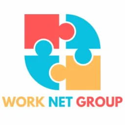 Logo firmy Work Net Group przedstawiające cztery kolorowe elementy układanki, symbolizujące połączenie i współpracę.