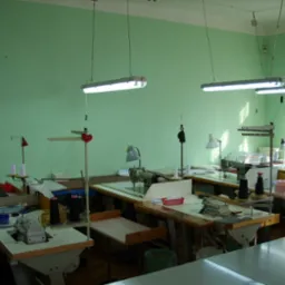 Wnętrze szwalni z kilkoma stanowiskami pracy wyposażonymi w maszyny do szycia, oświetlone lampami jarzeniowymi, z zielonymi ścianami i oknem w tle.