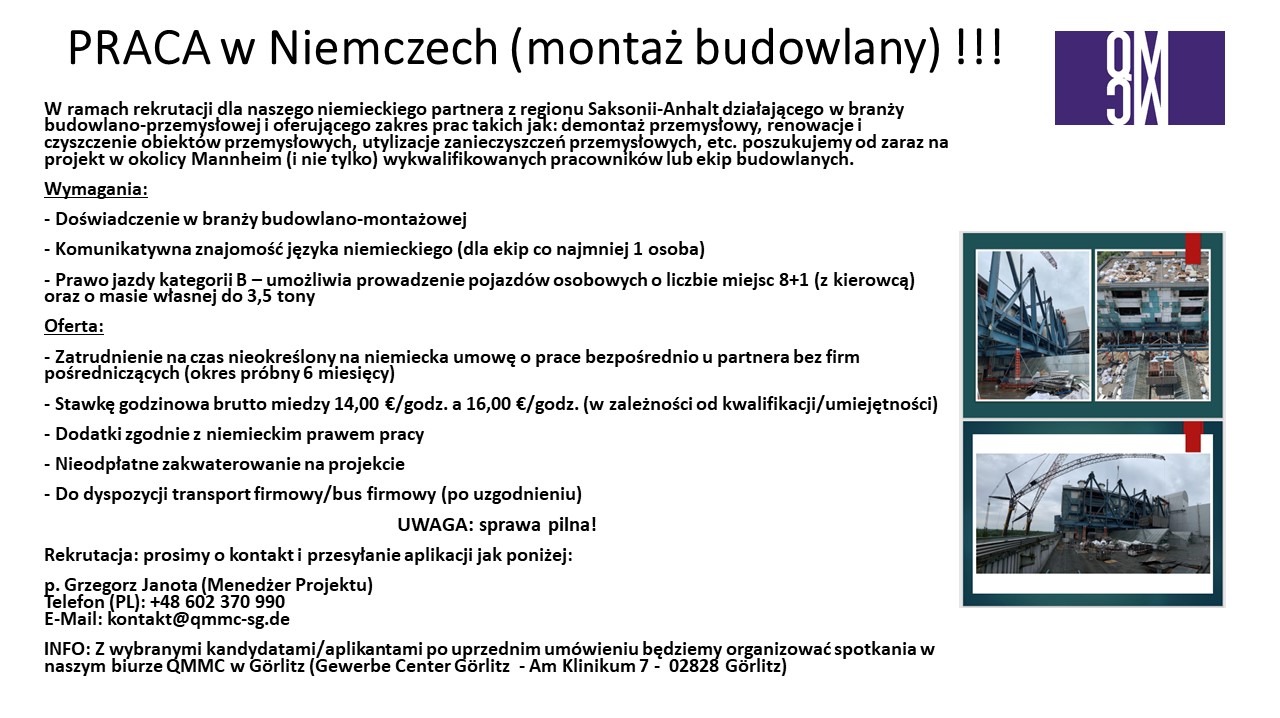 Poszukujemy od zaraz na projekt w okolicy Mannheim (i nie tylko) wykwalifikowanych pracowników lub ekip budowlanych.