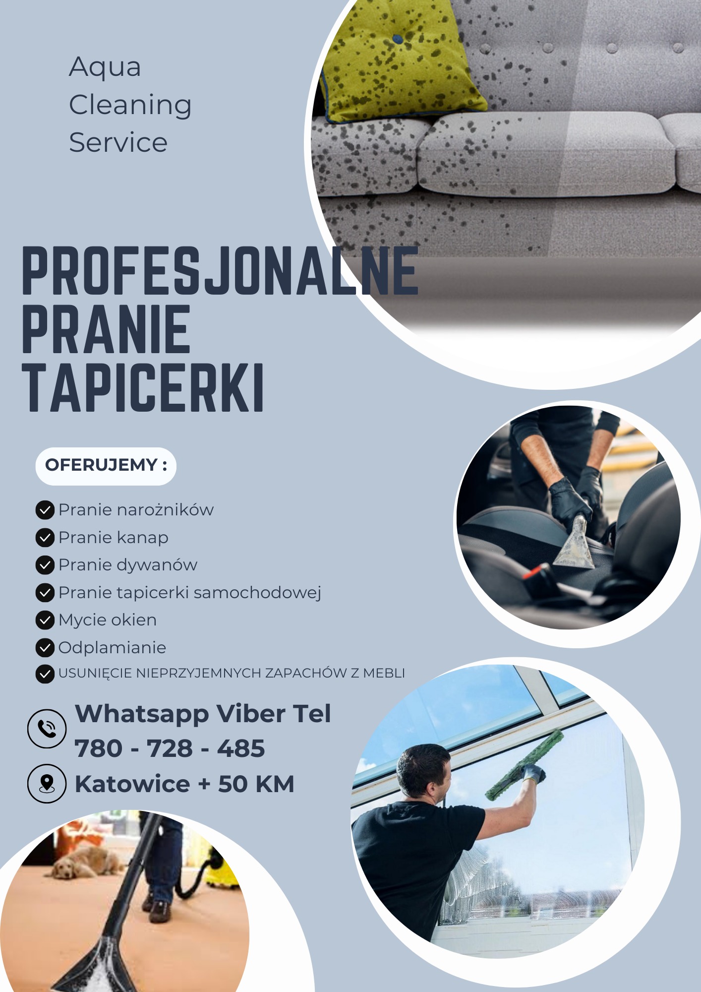 Grafika reklamowa firmy oferującej profesjonalne usługi czyszczenia tapicerki, w tym pranie kanap, dywanów, tapicerki samochodowej, mycie okien oraz usuwanie zapachów z mebli, z danymi kontaktowymi...
