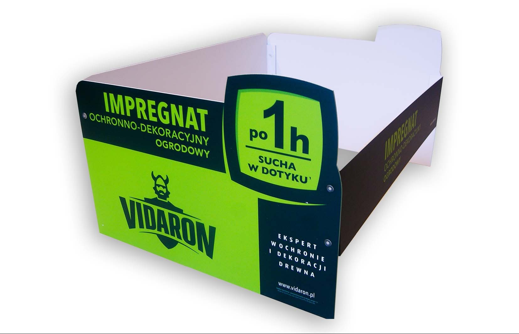 Półka ekspozycyjna z nadrukiem grafiki impregnatu do drewna Vidaron, prezentująca właściwości szybkoschnące produktu.