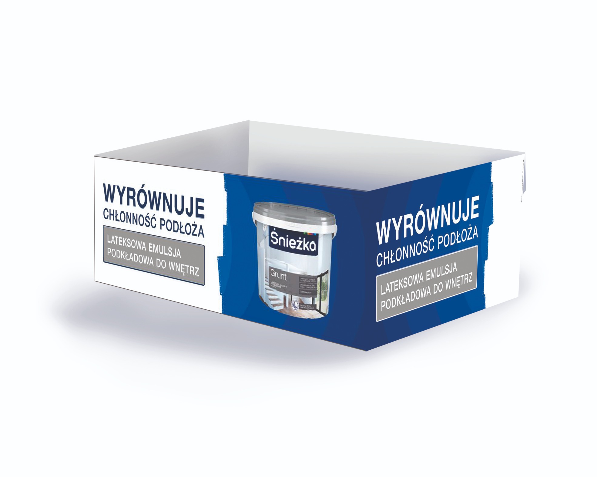 Grafika reklamowa prezentująca opakowanie lateksowej emulsji podkładowej do wnętrz marki Śnieżka, mającej na celu wyrównywanie chłonności podłoża, umieszczone na białym tle.