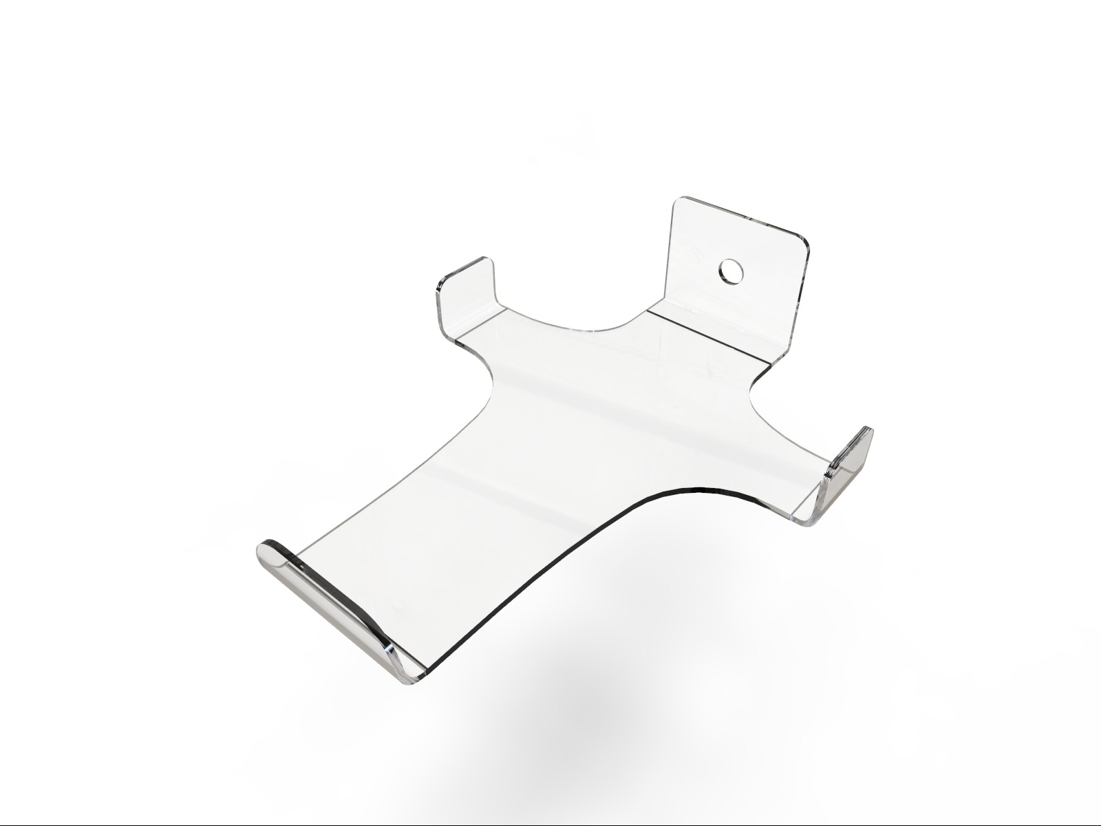 Przezroczysty, akrylowy uchwyt na telefon lub tablet, widoczny z perspektywy lekko z góry, na białym tle, z widocznymi refleksami światła na krawędziach.