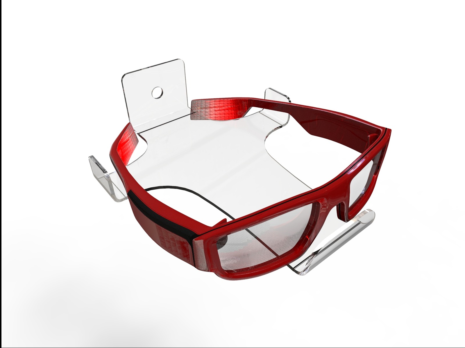 Czerwone okulary z grubymi oprawkami umieszczone na przezroczystym akrylowym stojaku z elementami montażowymi, prezentowane na białym tle.