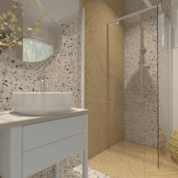 Jasna łazienka z efektem lastryko w Tyńcu Małym koło Wrocławia