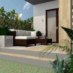 Taras z miejscem na stół przy domu w zabudowie szeregowej w Stabłowicach koło Wrocławia