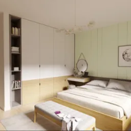 Miętowa sypialnia z ukrytą szafą i schowkami oraz małą toaletką