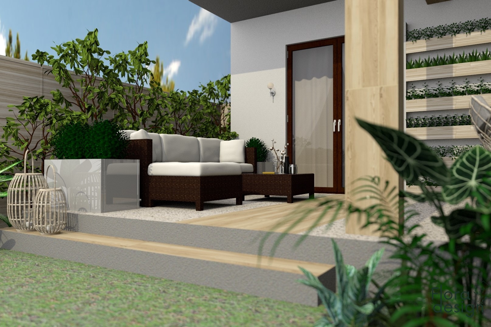 Wizualizacja tarasu przy domu szeregowym z rattanowym zestawem wypoczynkowym, dekoracyjnymi lampionami i pionową ścianą zieleni, oświetlonego popołudniowym słońcem.